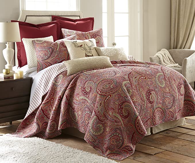 Levtex Home Spruce Red Quilt Set - King Quilt   Two King Pillow Shams - Paisley Pattern in Burgundy, Red, Tan, Grey - Quilt Size (106 x 92) and Pillow Sham Size (36 x 20)- Reversible Pattern -Cotton