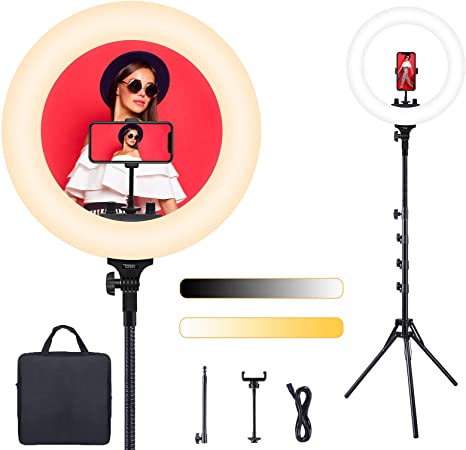 Ring Light, ESDDI 18inch Dimmable Brightness Bicolor 3200K-5600K Led Ring Light with Stand and Phone Holder, Soft Tube, Carrying Bag for Camera, Smartphone, YouTube, Vlog, Makeup, Portrait Shooting