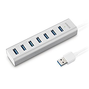 Anker® Unibody USB 3.0 7-Port Aluminum Hub with Built-in 1.3ft USB 3.0 Cable and Included 5V / 3A Power Adapter (Powered via USB or Power Outlet)