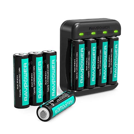 Rechargeable AA Batteries RAVPower 8 Pack 2600mAh High Capacity Ni-MH Battery Pack with 4 Charging Slot AA AAA Battery Charger