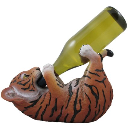 Drinking Orange Bengal Tiger Cub Wine Bottle Holder Sculpture in African Jungle Safari Bar Decor and Decorative Tabletop Wine Stands and Racks As Funny Gifts for Wild Animal Lovers