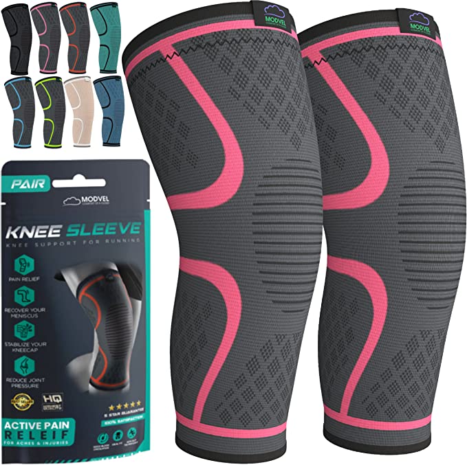 MODVEL 2 Pack Knee Compression Sleeve | Best Knee Brace | Knee Support for Arthritis, ACL, Meniscus Tear, Running, Biking, and Sports | Joint Pain Relief.