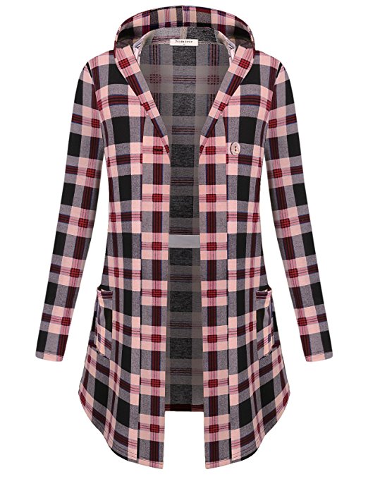Nomorer Women's Long Sleeve Open Front One-Button Side Pockets Plaid Hooded Cardigan