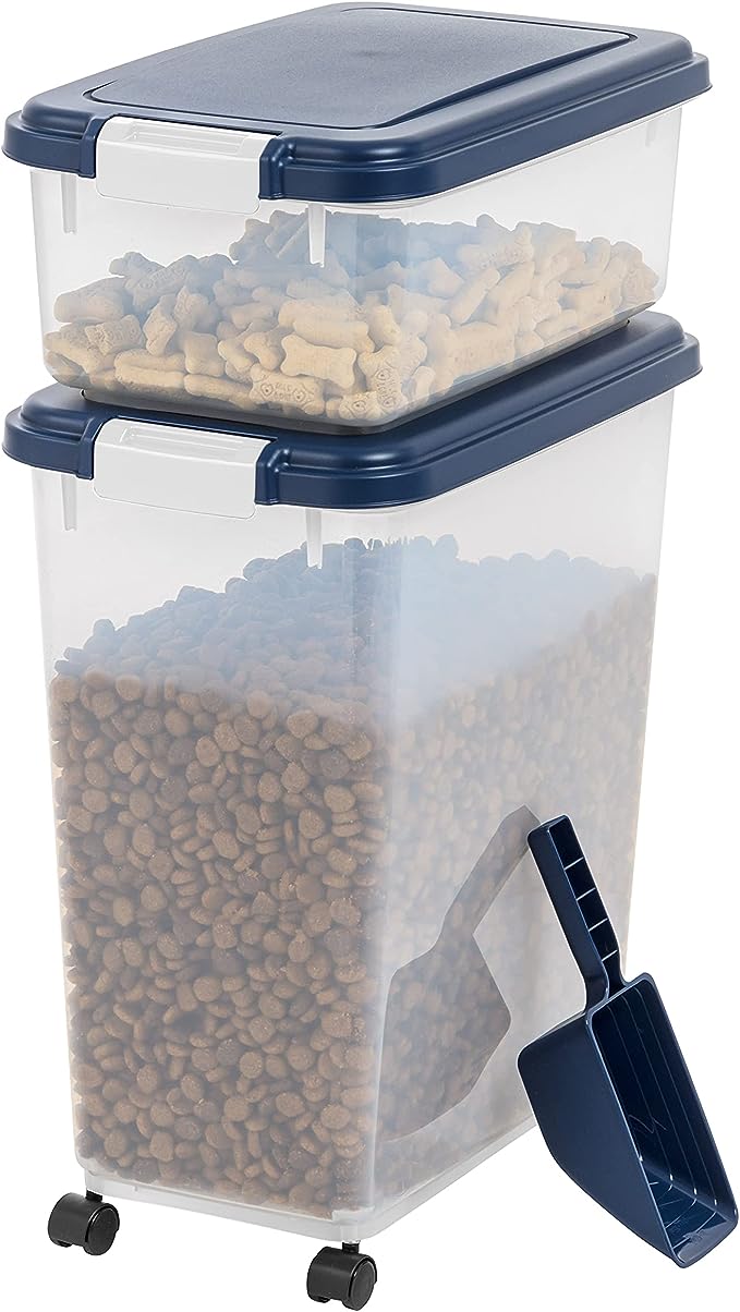 IRIS USA 3-Piece 42 Lbs / 57.5 Qt WeatherPro Airtight Pet Food Storage Container Combo with Scoop and Treat Box for Dog Cat and Bird Food, Stackable, Keep Pests Out, Translucent Body, BPA Free, Navy