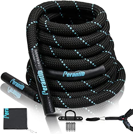 Perantlb 100% Poly Dacron Heavy Battle Rope - 1.5" Diameter, 30” 40”50”Lengths - Black Workout Rope - Gym Muscle Toning Metabolic Workout Fitness - Battle Rope Anchor Included