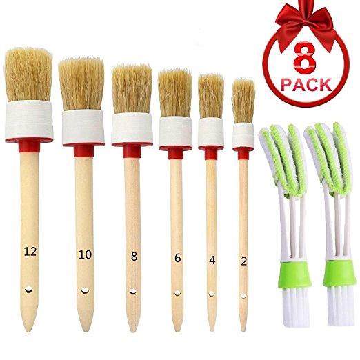 ONEST Natural Boar Hair Detail Brush (Set of 6), Auto Detailing Brush Set for Cleaning Weels, Interior, Exterior, Leather and 2 pcs Automotive Air Conditioner Cleaner and Brush