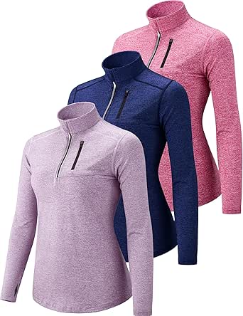 Liberty Imports 3 Pack: Women's Quick Dry Long Sleeve Quarter Zip Pullover Workout Shirts with Thumb Holes and Pocket