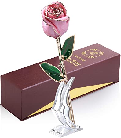 Sinvitron Gold Dipped Rose 24K, Forever Lasted Real Rose 24K Gold Plated with Stand & Gift Box, Great Valentines Day, Anniversary Birthday Gifts for her (Pink)