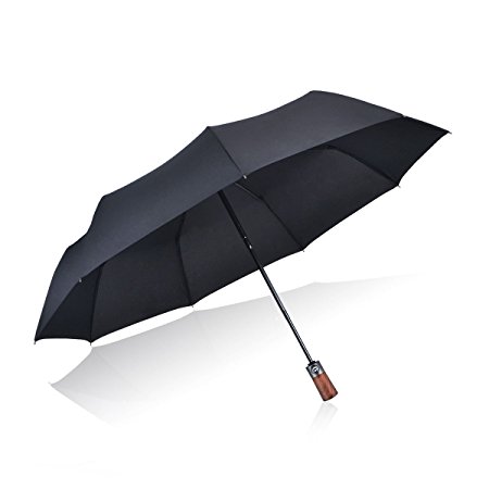 Automatic Folding Umbrella, MAYOGA Windproof Compact Travel Umbrella Golf Umbrella Auto Open Close with Wood Handle for Man Woman -Black
