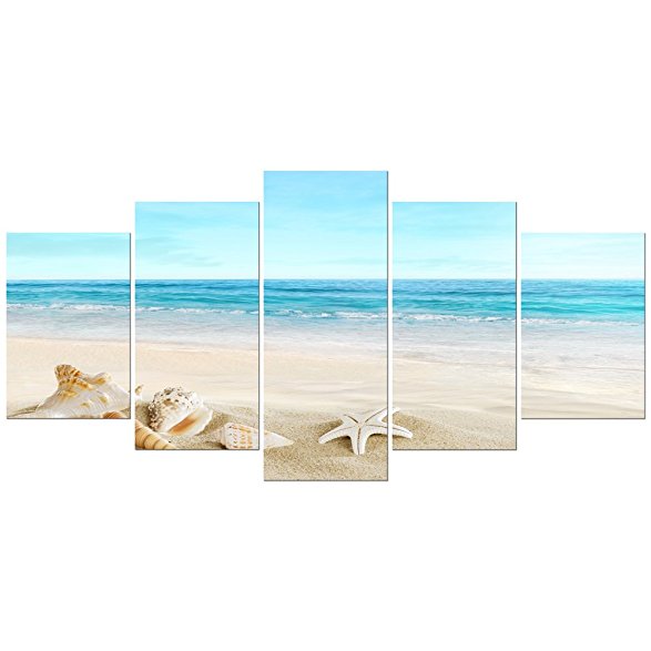 Pyradecor Sea Shells Giclee Canvas Prints Modern Seascape Artwork Landscape Pictures Paintings on Stretched and Framed Canvas Wall Art for Home Decor Extra Large AH5007-XL