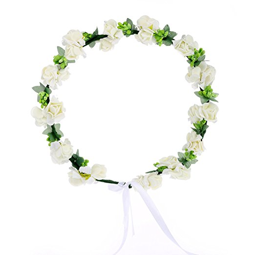 AWAYTR Flower Wreath Headband Floral Crown Garland Halo for Wedding Festivals (Cream White)