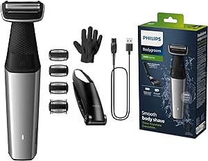 Philips BG5021/16 Afeitadora Corporal Masculina, Bodygroom Serie 5000, con Adaptador para Espalda, Impermeable, con 4 Peines-guía, 60 min de Autonomía, Negro/Plata