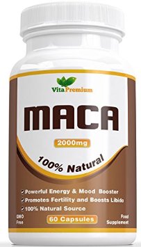 Maca Root Capsules 2000mg - 100 MONEY BACK GUARANTEE High Strength Extract 60 Veggie Capsules Vita Premium Maca - Powerful Energy and Mood Booster Can Help Promote Fertility and Boost Libido Feel the Difference of Your Money Back