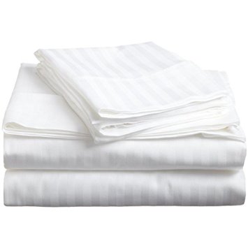Vivendi 500- Thread Count Luxury Supima Cotton Damask Stripe Sheet Set- Queen, White