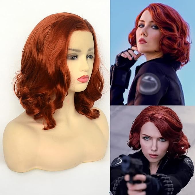 BLUPLE Giner Red Lace Front Wig Short Bob Style Copper Red Orange Loose Wave Curly Synthetic Hair Side Part Half Hand Tied Replacement Full Wigs 12 Inches for Women Girls