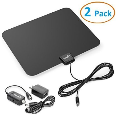 ViewTV Flat HD Digital Indoor Amplified TV Antenna - 50 Miles Range - Detachable Amplifier Signal Booster - 12ft Coax Cable - Black - 2 Pack