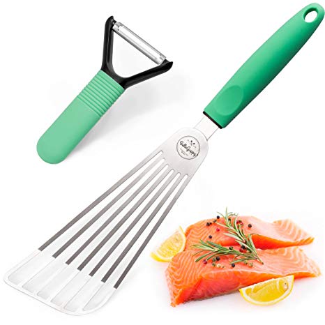 Fish Spatula Stainless Steel | Multipurpose Flexible Slotted Spatula with Non-Slip Silicone Handle for Turning, Frying and Grilling   Transferring – eggs, meat, fish and pancakes   Vegetable Peeler
