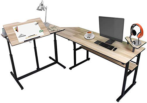Multi-Function L-Shaped Desk Corner Computer Desk PC Laptop Study Lift Table, Drafting Table Commercial Desks, Suitable for Families, Study, Office, School