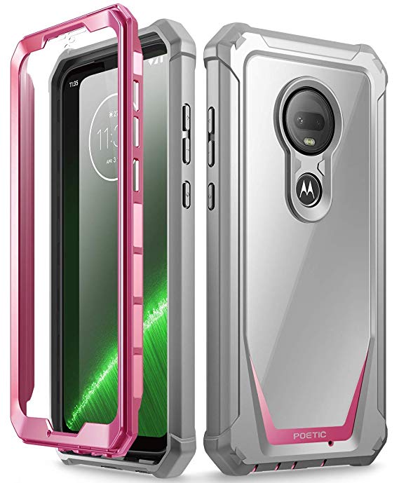 Moto G7 Rugged Clear Case, Poetic Full-Body Hybrid Shockproof Bumper Cover, Built-in-Screen Protector, Guardian Series, Case for Motorola Moto G7 and Moto G7 Plus (2019 Release), Pink/Clear