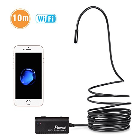 Wireless Endoscope, Potensic Wi-Fi Borescope Waterproof Inspection Camera 2MP CMOS Snake Camera for iPhone, Andorid Smartphone, PC - Black(10 Meter)