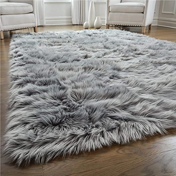 Gorilla Grip Thick Fluffy Faux Fur Washable Rug, Shag Carpet Rugs for Baby Nursery Room, Bedroom, Luxury Home Decor, Soft Floor Plush Carpets, Durable Rubber Backing, Rectangle, 2x3, Grey