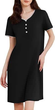 Ekouaer Nightgowns for Women Button Sleep Shirts Dress Lace Night Shirts Short Sleeve Sleepwear S-2XL