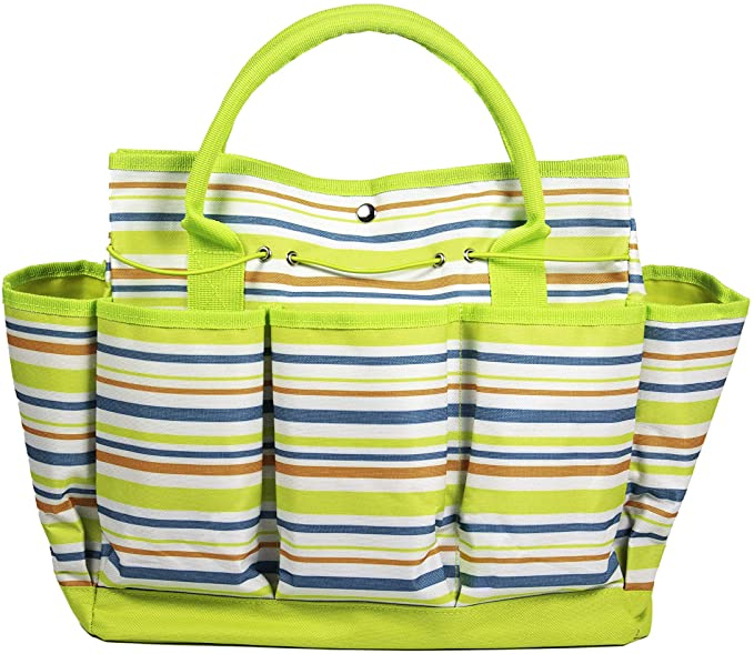 Garden Tool Bag With Pockets - Floral Garden Tool Bag Tote, Gardening Gift, Reinforced Garden Bag (Teal Stripe)