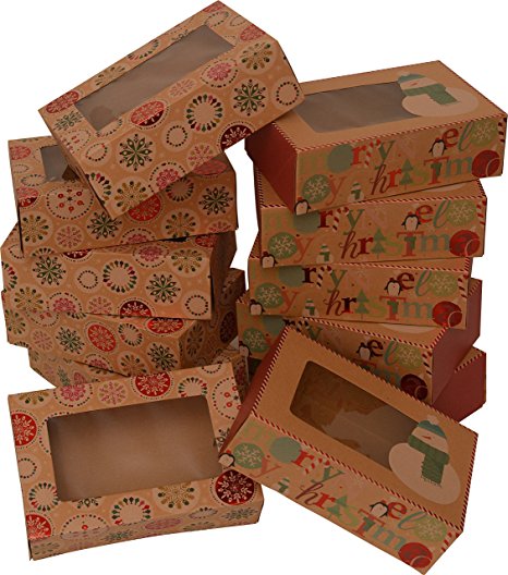 Christmas Doughnut and Cookie gift boxes; rectangle with clear window; brown kraft with hot stamp Christmas designs; 6 of each print; set of 12 boxes (8.6" x 6" x 3.75")