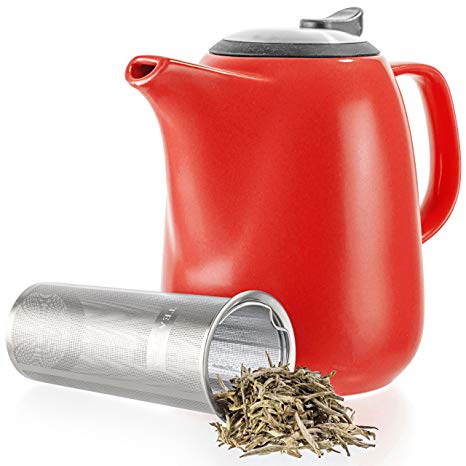 Tealyra - Daze Ceramic Large Teapot Red - 47-ounce (6-7 cups) - With Stainless Steel Lid Extra-Fine Infuser for Loose Leaf Tea - 1400ml