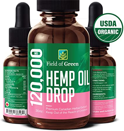 Field of Green Hemp Oil Drops - Grown & Made in Canada (120000MG) Anti-Anxiety and Anti-Stress, Pain Relief, Mood Enhance, Sleep, Rich in Omega 3&6 for Skin & Heart Health. Certified Organic and Non-GMO Formula.
