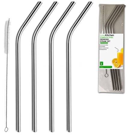 SALE BOGO 50% Stainless Steel Drinking Straws, 9.5" Long Length, Set of 4, Free Cleaning Brush Included