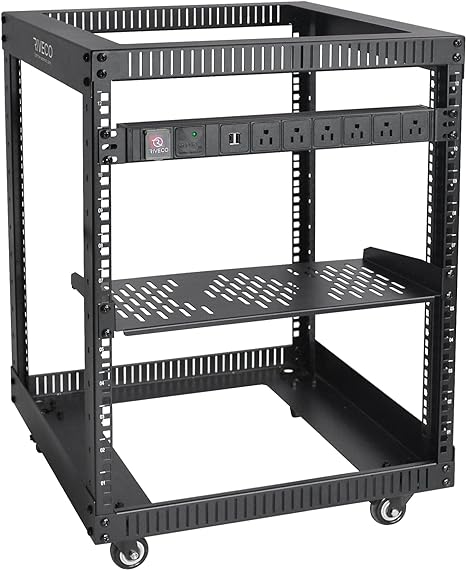 RIVECO 12U Server Rack Open Frame with Wheels   PDU (8 Outlets) Power Strip Surge Protector  1 Shelf Cantilever Tray Set Black