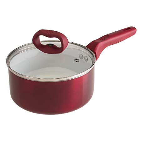 Ecolution Bliss Ceramic Nonstick Saucepan with Lid - 2 Quart - Induction Stainless Steel Base Pot, Red