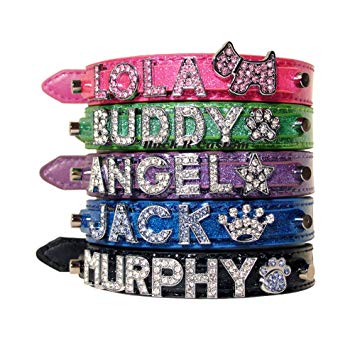 CockerWoofWoof Personalized Diamond Pattern PU Leather Pet Dog Cat Collar with Rhinestone Buckle, Free Name (up to 6 Letters) & Charm (1 Free Charm) XS S M Extra Small Medium
