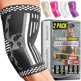 BLITZU 2 Pack Elbow Brace Support, Elbow Compression Sleeve Orthopedic Pain Relief for Golfer's, Tennis Elbow, Arthritis, Bursitis, Tendonitis Treatment, Workout, Fitness & Weightlifting. Black S