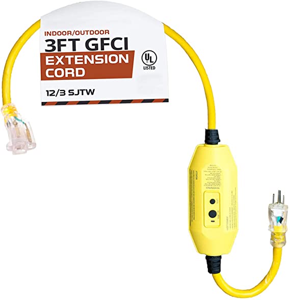 3 Foot Lighted Outdoor GFCI Extension Cord - 12/3 SJTW Heavy Duty Yellow Pigtail Extension Cable with 3 Prong Grounded Plug for Safety