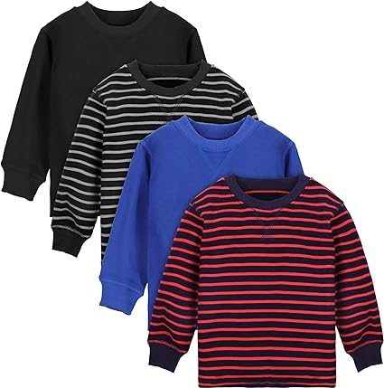 Cooraby 4 Pack Toddler Boys' Thermal Long-Sleeve Shirts Stripe and Solid T-Shirts Cotton Long-Sleeve Shirts for Boys