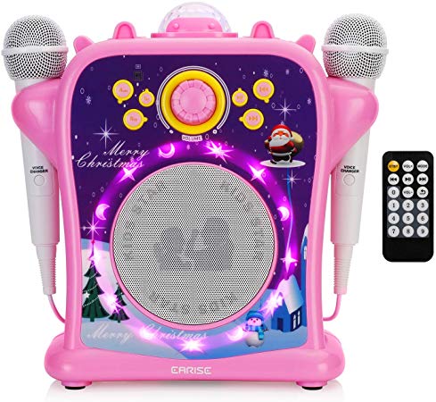EARISE T29 Karaoke Machine for Kids Girls with Voice Changer, Portable PA Bluetooth Speaker Singing Machine with 2 Wired Microphones, LED Disco Lights, Supports USB/AUX