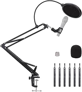 Amazon Basics Adjustable Microphone Arm Stand with Pop Filter and Foam Windscreen, Table Mounting Clamp, 360° Rotation, Compatible with Blue Yeti, Snowball, HyperX, 14-Inch (35.5 cm), Black