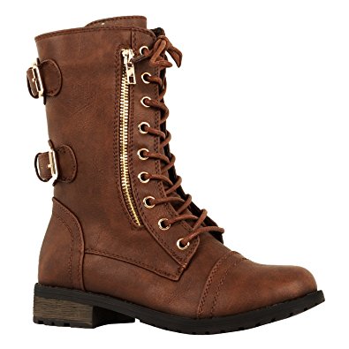 Guilty Shoes - Womens Combat Military Lace Up Buckle Platform Mid Calf Boots