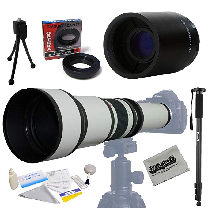 Opteka 650-2600mm HD Telephoto Zoom Lens with 2X Telephoto Converter, T-Mount Adapter, 72" Monopod, Lens Cleaning Kit, Tabletop Tripod, Screen Protectors and Microfiber Cloth for Canon DSLR Cameras