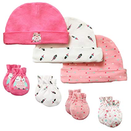 7 Piece Scratch Mittens and Caps Set Infant Newborn Gift Set For Baby Boys & Girls, 0-6 Months