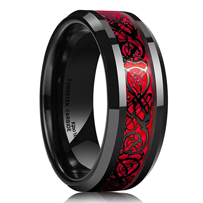 King Will Dragon Men's 8mm Red Carbon Fiber Black Celtic Dragon Tungsten Carbide Ring Comfort Fit Wedding Band