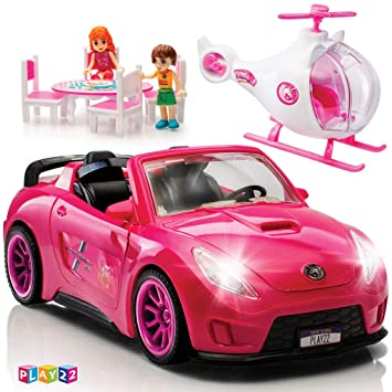 Play22 Doll Car Set of 10 - Convertible Pink Toy Car for Dolls with Lights and Sounds, Helicopter Doll, 2 Figurines, Dining Table Doll Set - Doll Accessories Set Great Gift for Girls - Original
