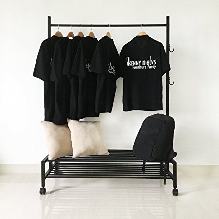 Storage Shoes Bench with Metal Coat Rack (Black)