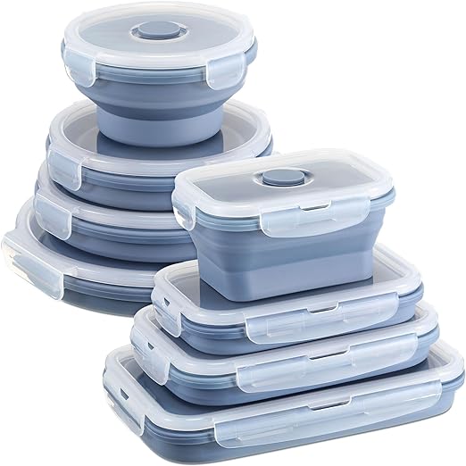 Nuanchu 8 Pcs Collapsible Food Storage Containers Silicone Airtight Collapsible Bowls with Lids Rectangular and Round Stackable Microwave Lunch Containers, Freezer, Dishwasher Safe (Blue)