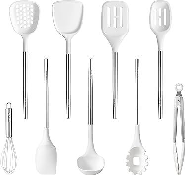 CAROTE 9PCS Kitchen Utensils Set, Silicone Kitchen Utensils Set with Stainless Steel Handle for Non-Stick Cookware Set, BPA-free Gadgets, Dishwasher Safe, White