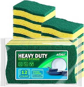 AIDEA Sponges Kitchen, Heavy Duty Scrub Sponges-12Count, Sponges for Dishes, Cellulose Kitchen Sponges, Cleans Fast without Scratching, Cleaning Sponges for Non-Coated Cookware, Dishes, Pots, Pans