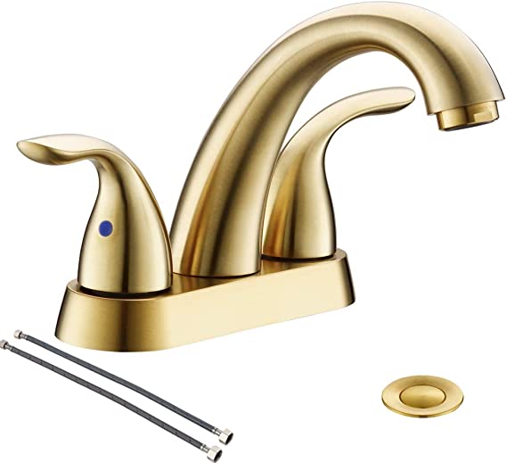 Brushed Gold 4 Inch 2 Handle Centerset Stainless Steel Bathroom Faucet By Phiestina, Bathroom Faucet With Copper Pop Up Drain And Water Supply Lines, BF008-5-BG