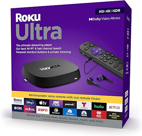 Roku Ultra 2022 4K/HDR Streaming Device and Roku Voice Remote Pro with Rechargeable Battery, Hands-Free Voice Controls, Lost Remote Finder, and Private Listening (Renewed)